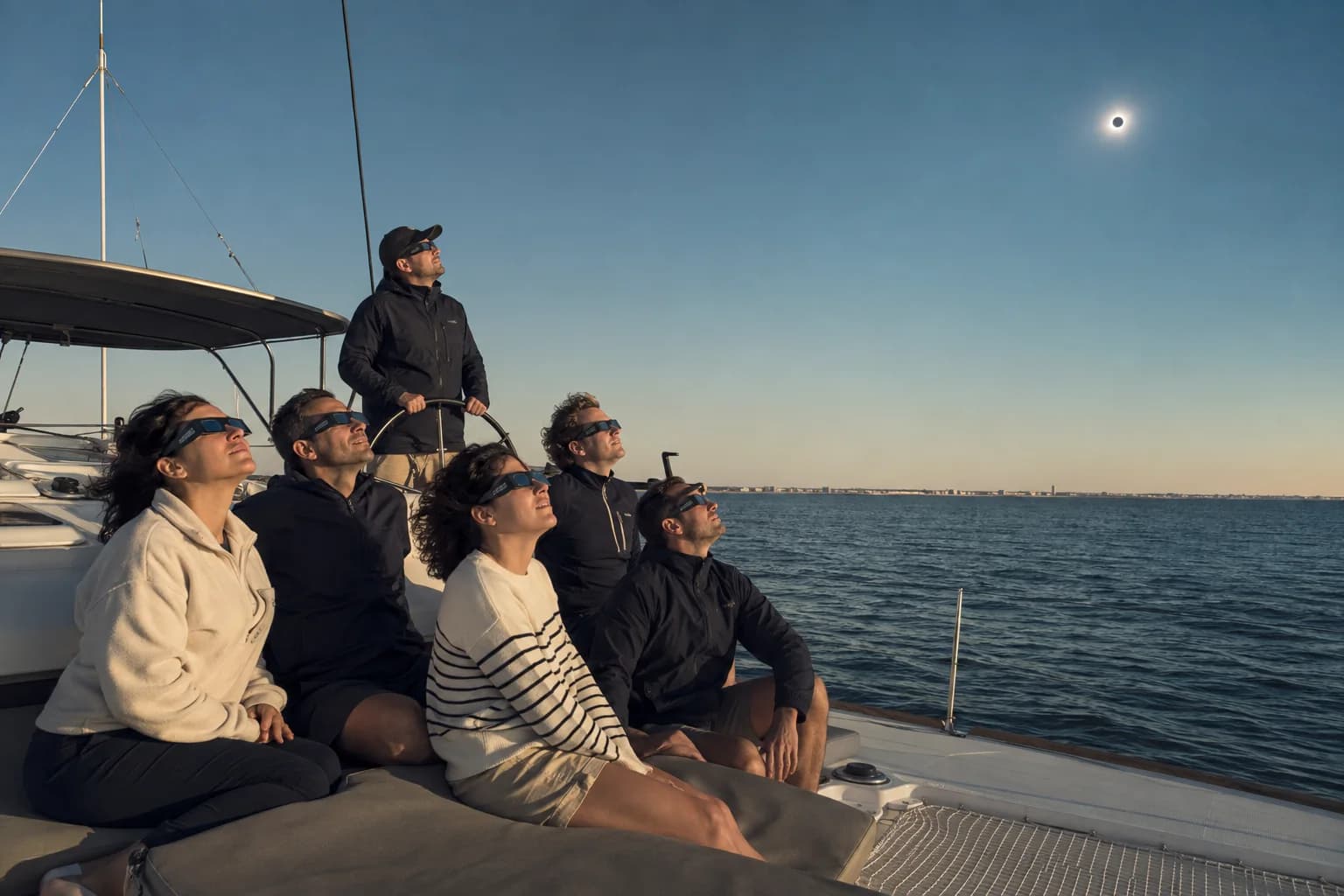 Barco navegando frente a Cádiz durante un eclipse solar con observación segura